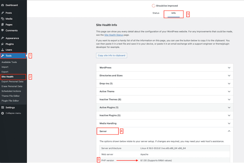 the WordPress Site Health Tool