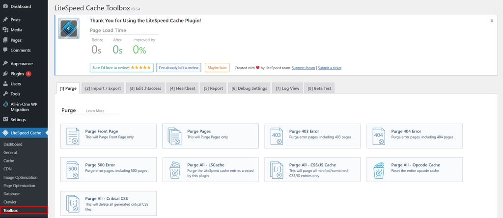 Lite Speed Cache Toolbox section
